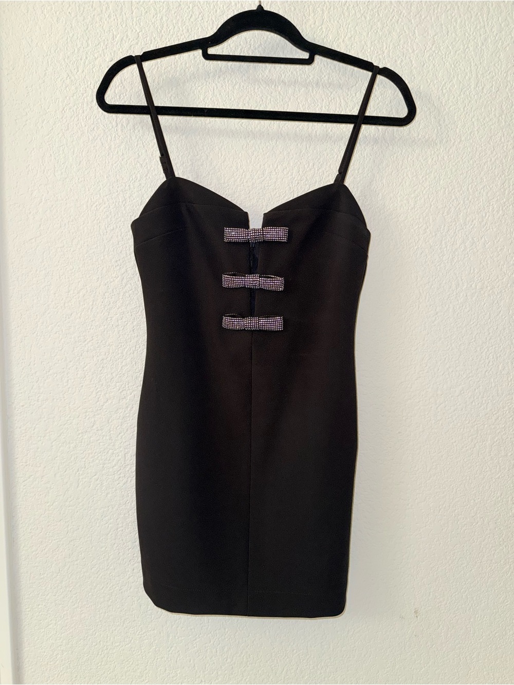 Zara Black Spaghetti-Strap Mini Dress with Rhinestone Bows